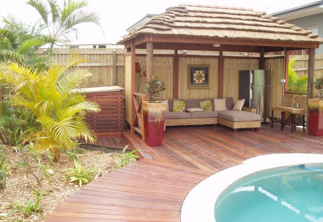 Poolside with deck and cabana